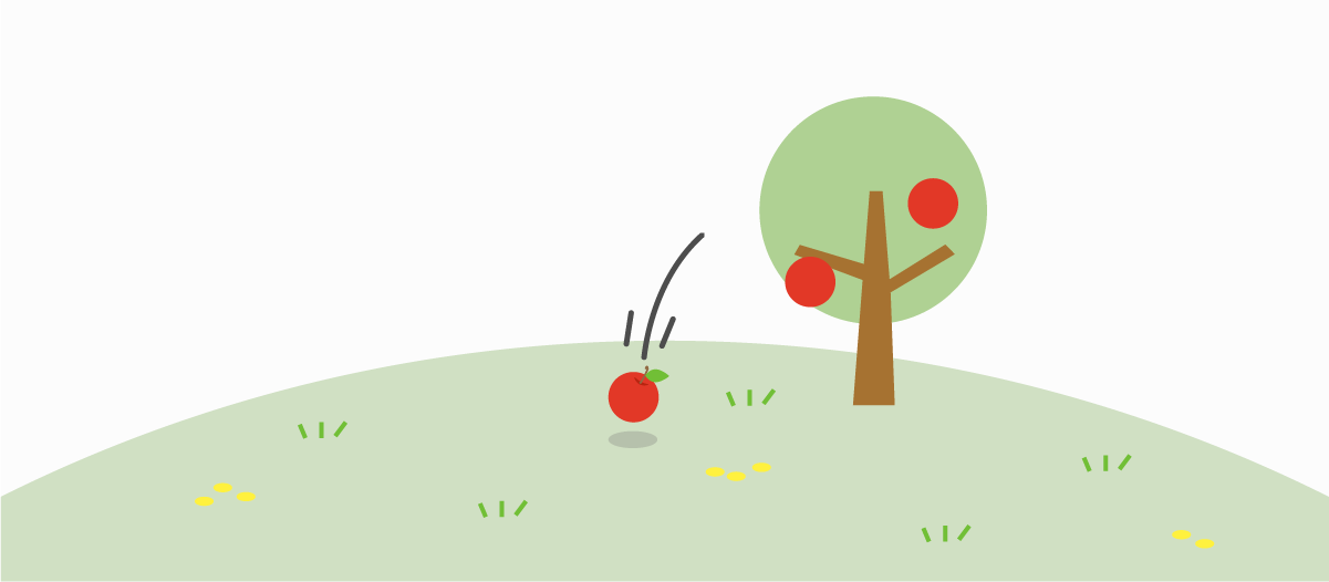 丘の木から赤いりんごが落ちるイラスト。重力で下に引っぱられる様子。